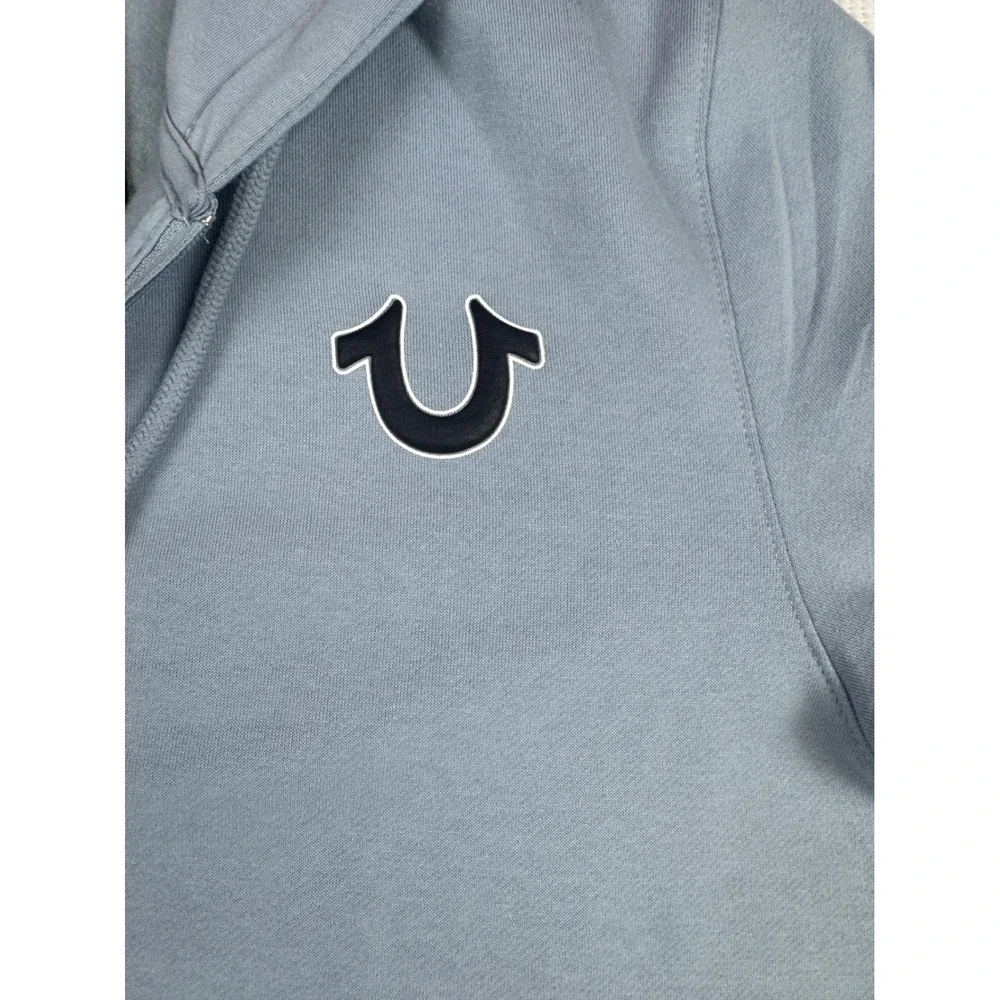 True Religion Mens Dusty Blue Full Zip Hoodie Horseshoe Buddha Logo NWT